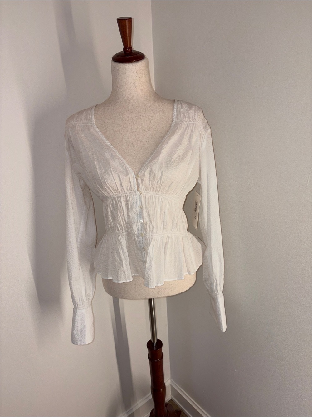 Frame Denim White Peplum V-Neck Button Front Blouse